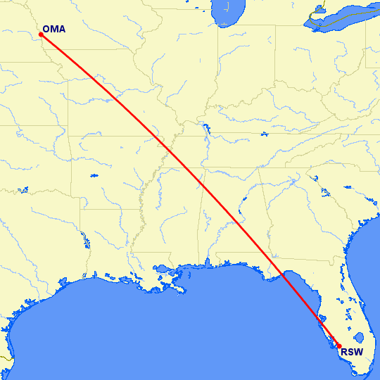 перелет Омаха — Форт Майерс на карте