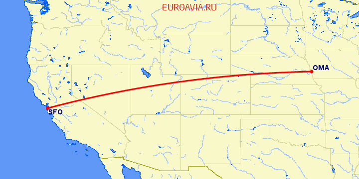 перелет Омаха — Сан Франциско на карте