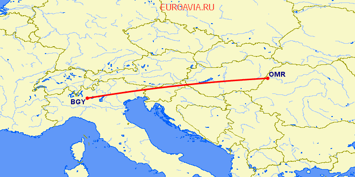 перелет Орадя — Бергамо на карте