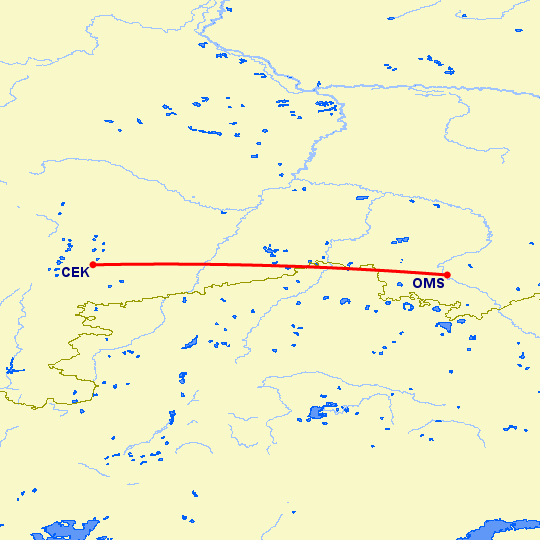 перелет Омск — Челябинск на карте