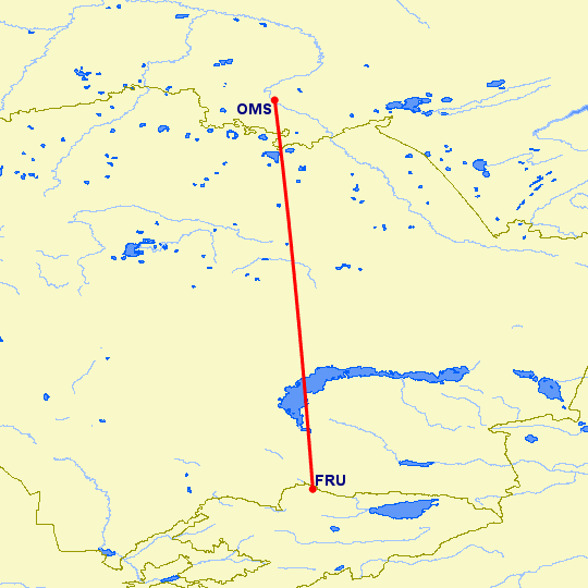 перелет Омск — Бишкек на карте