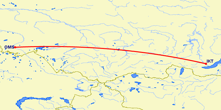 перелет Омск — Иркутск на карте