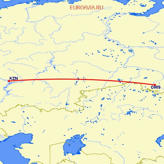 перелет Омск — Казань на карте
