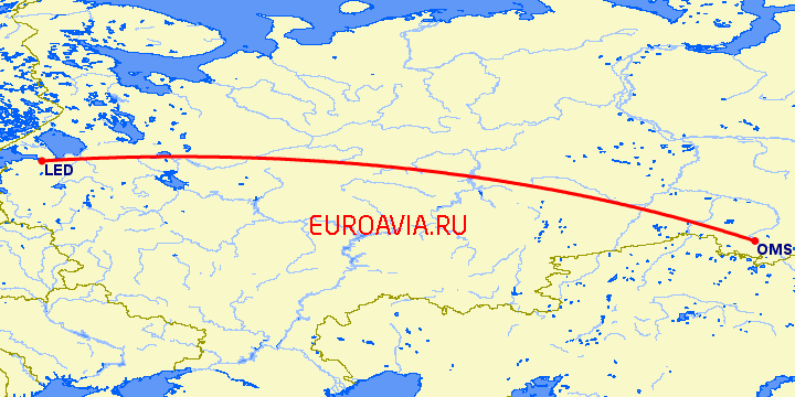 перелет Омск — Санкт Петербург на карте