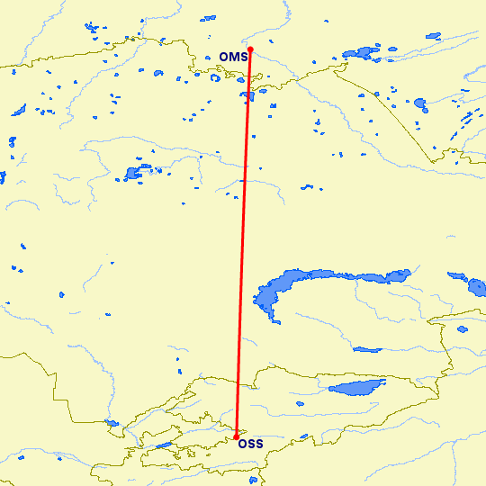 перелет Омск — Ош на карте