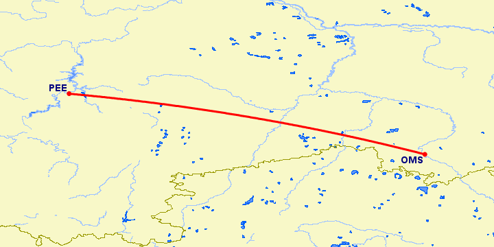 перелет Омск — Пермь на карте