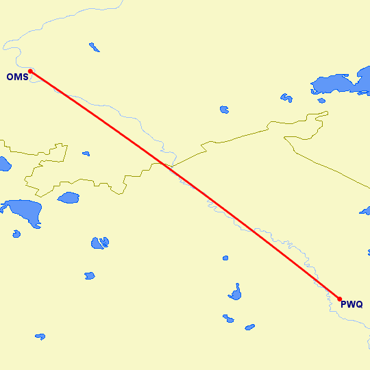 перелет Омск — Павлодар на карте
