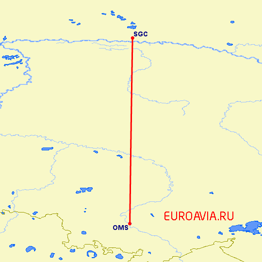 перелет Омск — Сургут на карте