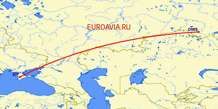 перелет Омск — Симферополь на карте