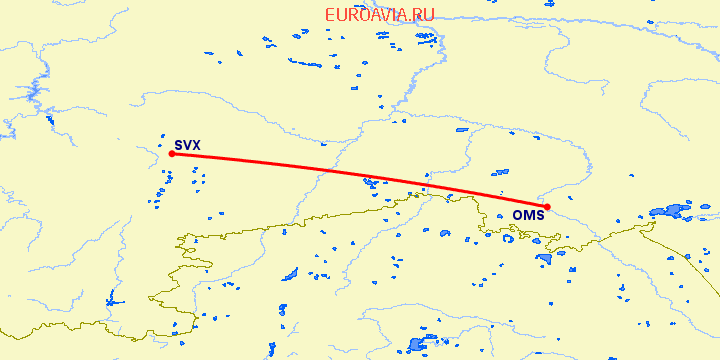перелет Омск — Екатеринбург на карте