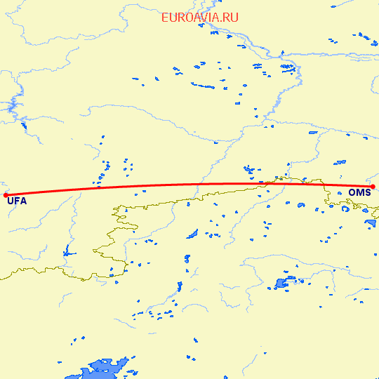 перелет Омск — Уфа на карте