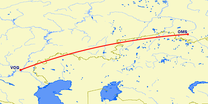 перелет Омск — Волгоград на карте