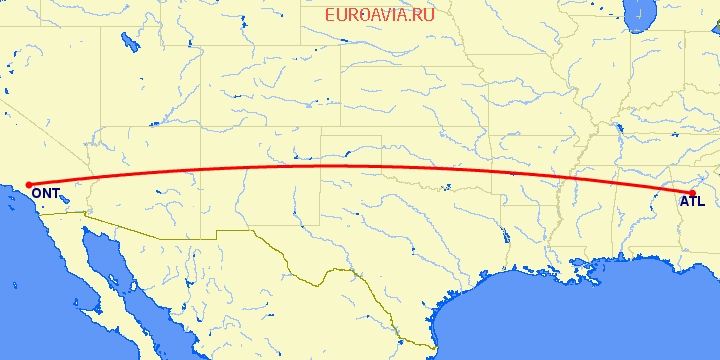 перелет Онтарио — Атланта на карте
