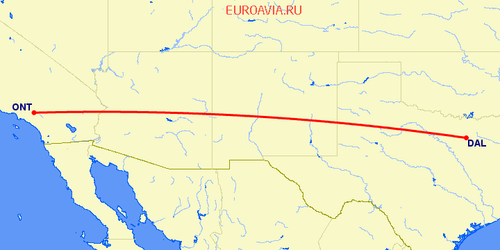 перелет Онтарио — Даллас на карте