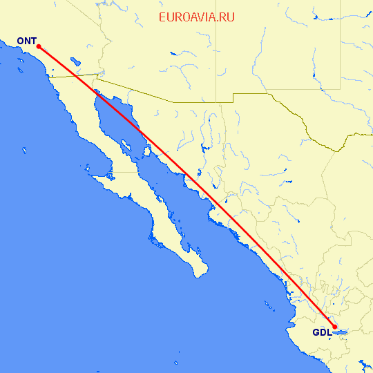 перелет Онтарио — Гуадалахара на карте