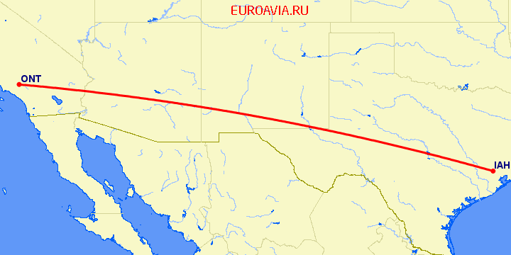 перелет Онтарио — Хьюстон на карте