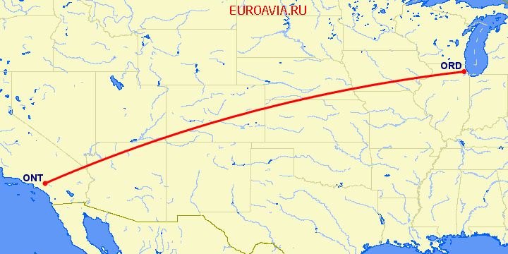 перелет Онтарио — Чикаго на карте