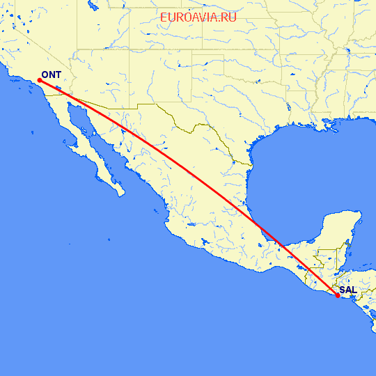 перелет Онтарио — Сан Сальвадор на карте