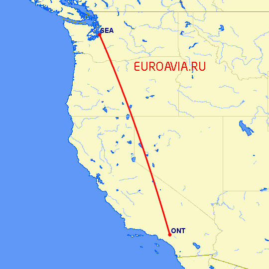 перелет Онтарио — Сиэтл на карте