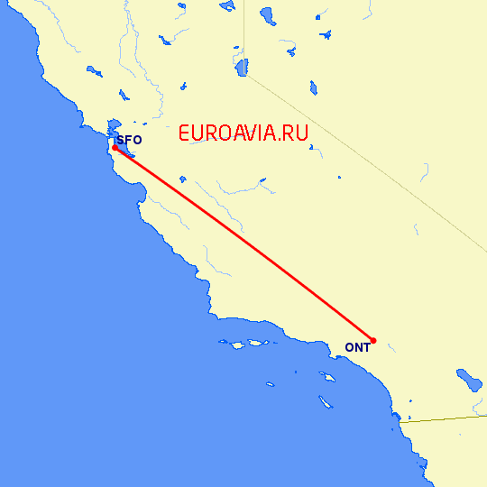 перелет Онтарио — Сан Франциско на карте