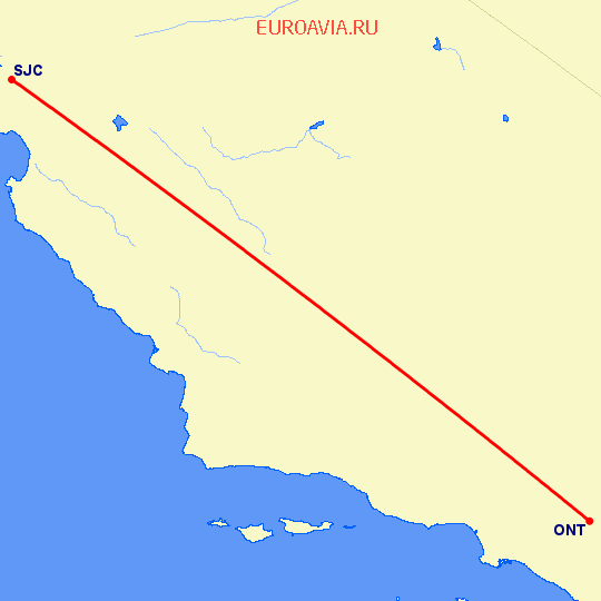 перелет Онтарио — Сан Хосе на карте