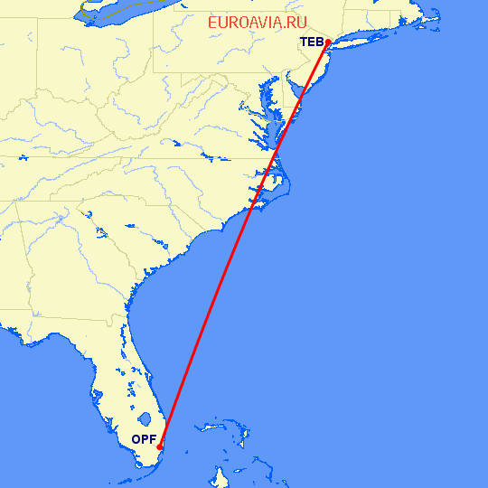 перелет Майами — Teterboro на карте