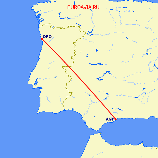 перелет Порту — Малага на карте