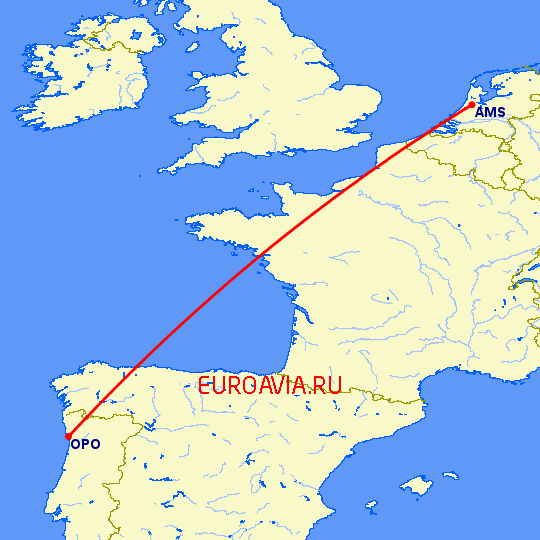 перелет Порту — Амстердам на карте
