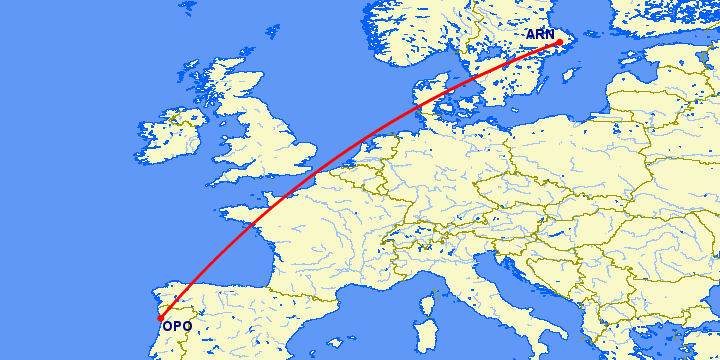 перелет Порту — Стокгольм на карте