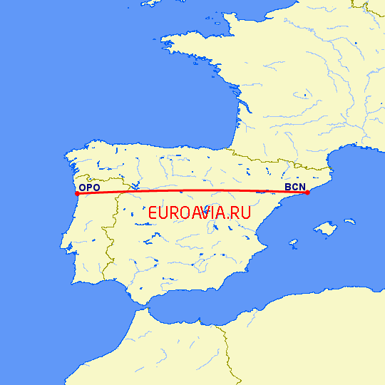 перелет Порту — Барселона на карте