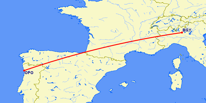 перелет Порту — Бергамо на карте