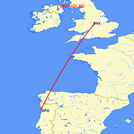 перелет Порту — Бирмингем на карте
