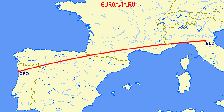 перелет Порту — Болонья на карте