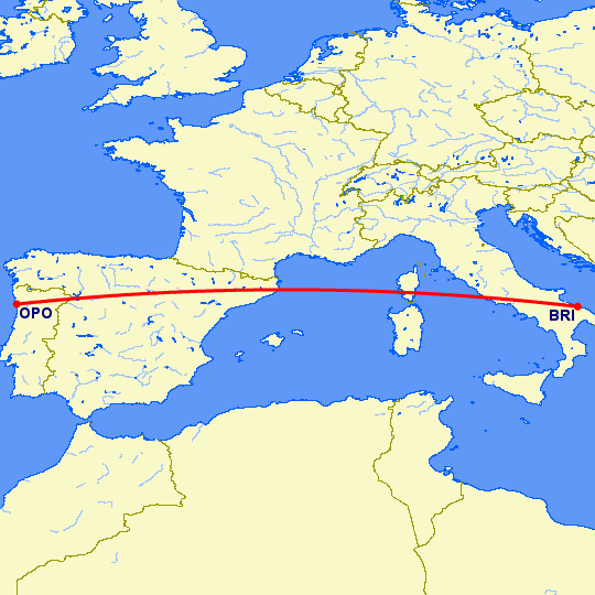 перелет Порту — Бари на карте
