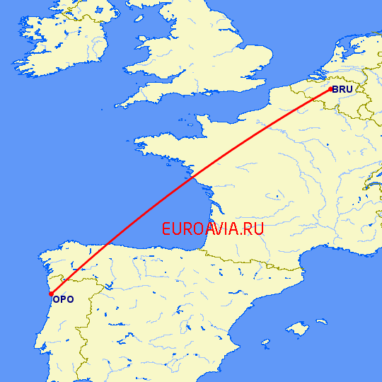 перелет Порту — Брюссель на карте