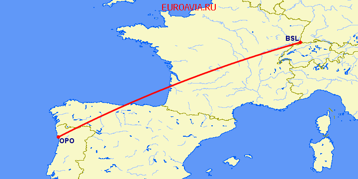 перелет Порту — Базель-Мюлуз на карте