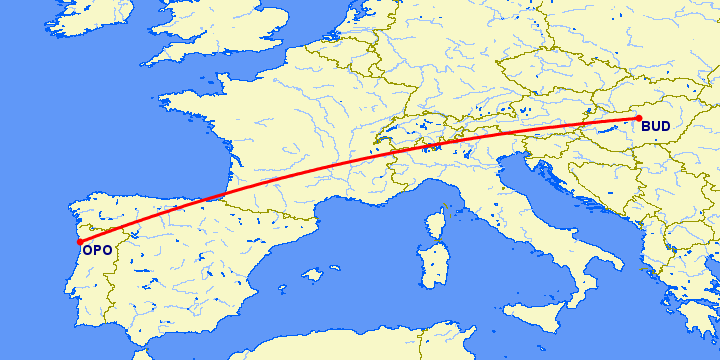 перелет Порту — Будапешт на карте