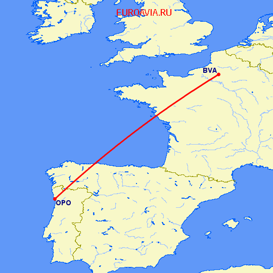 перелет Порту — Париж на карте