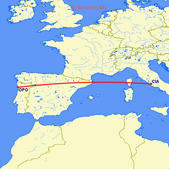 перелет Порту — Рим на карте