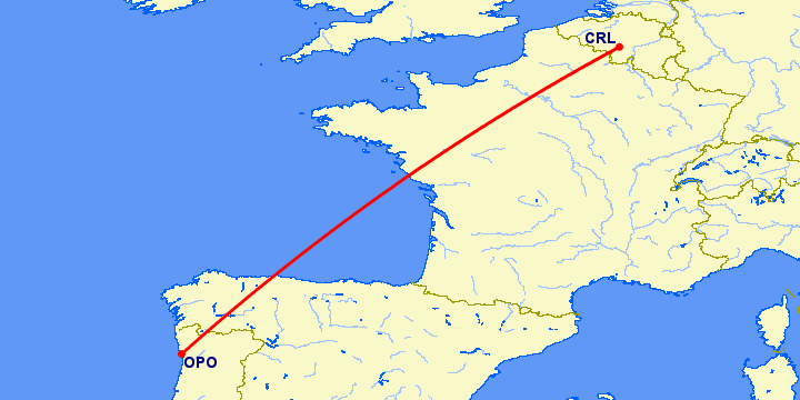перелет Порту — Шарлеруа на карте