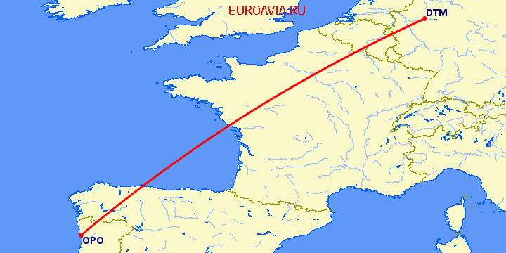перелет Порту — Дортмунд на карте