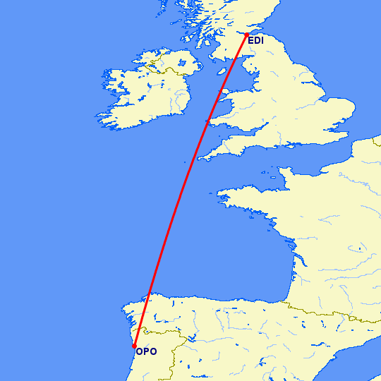 перелет Порту — Эдинбург на карте