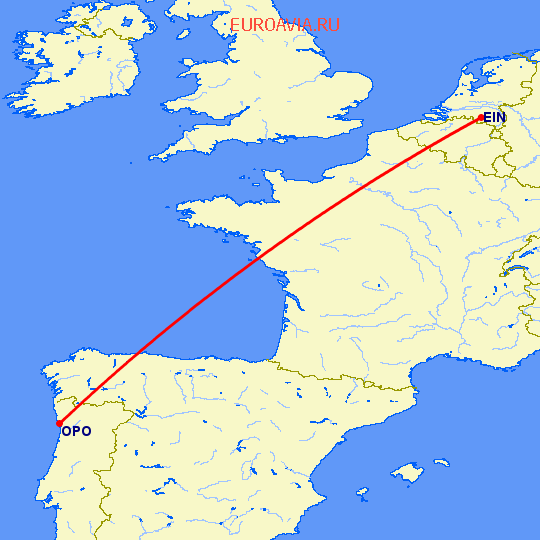 перелет Порту — Эйндховен на карте
