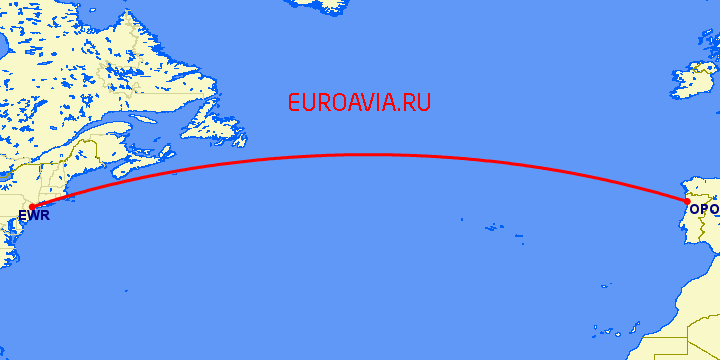 перелет Порту — Ньюарк на карте
