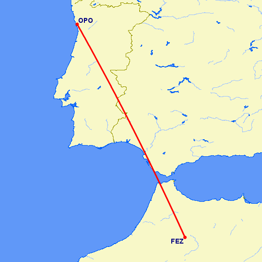 перелет Порту — Фес на карте