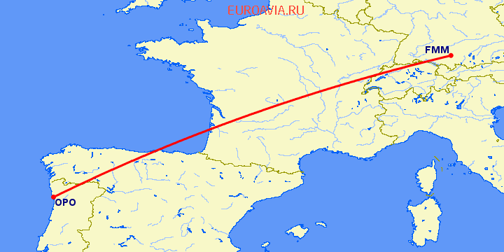 перелет Порту — Мемминген на карте