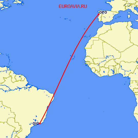 перелет Порту — Рио-де-Жанейро на карте