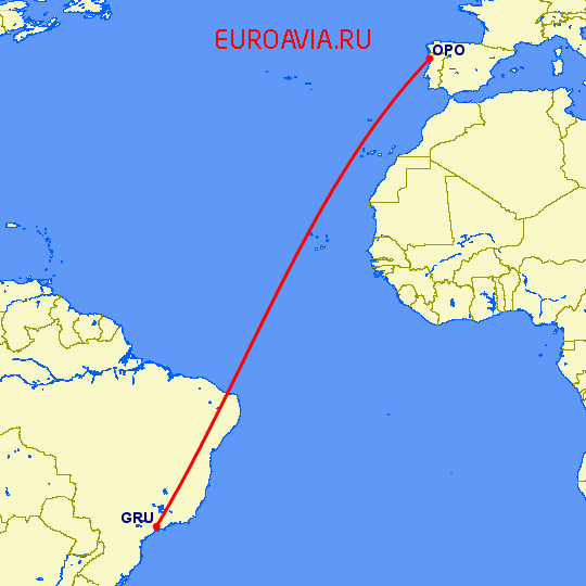 перелет Порту — Сан Паулу на карте