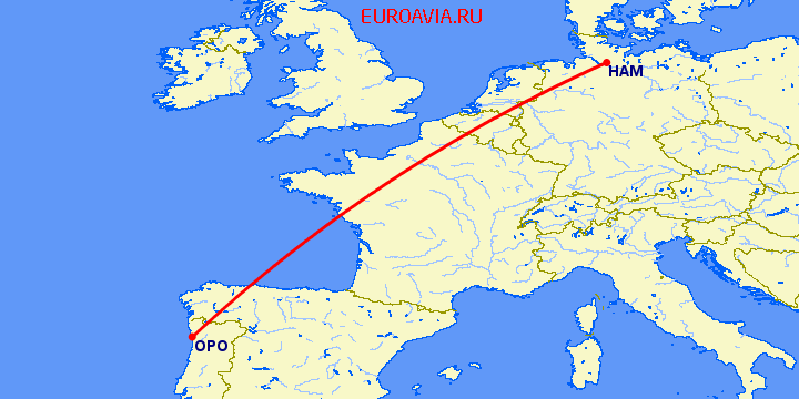 перелет Порту — Гамбург на карте
