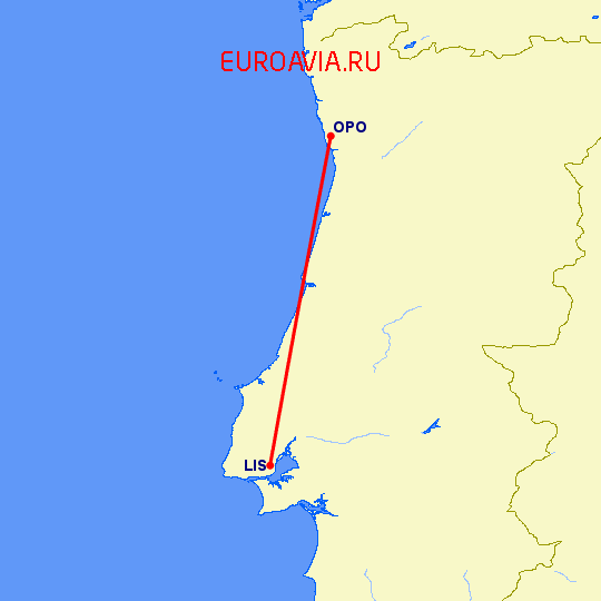 перелет Порту — Лиссабон на карте